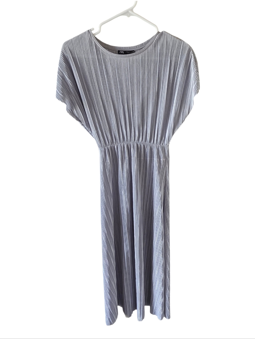 ZARA Light Blueish Gray Micro Stripe Pleated Dress with Flutter Sleeves. Size S